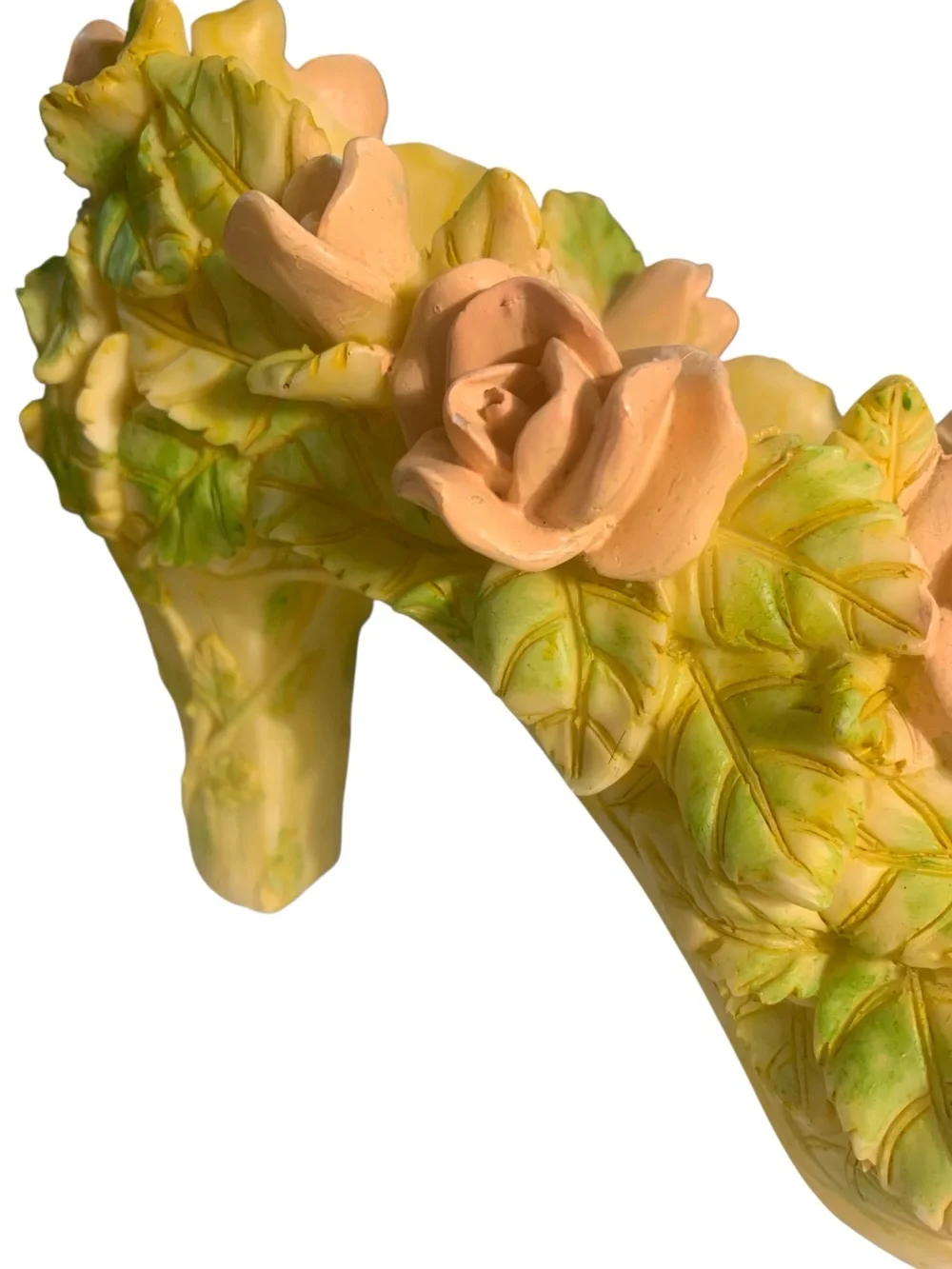 Vintage Whimsical High Heel  Figurine. Pastel Yellow With Lovely Pink Roses🩷💚💛